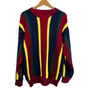 Vintage 90s Cable Knit Crewneck Sweater Long Sleeve Color Block - L